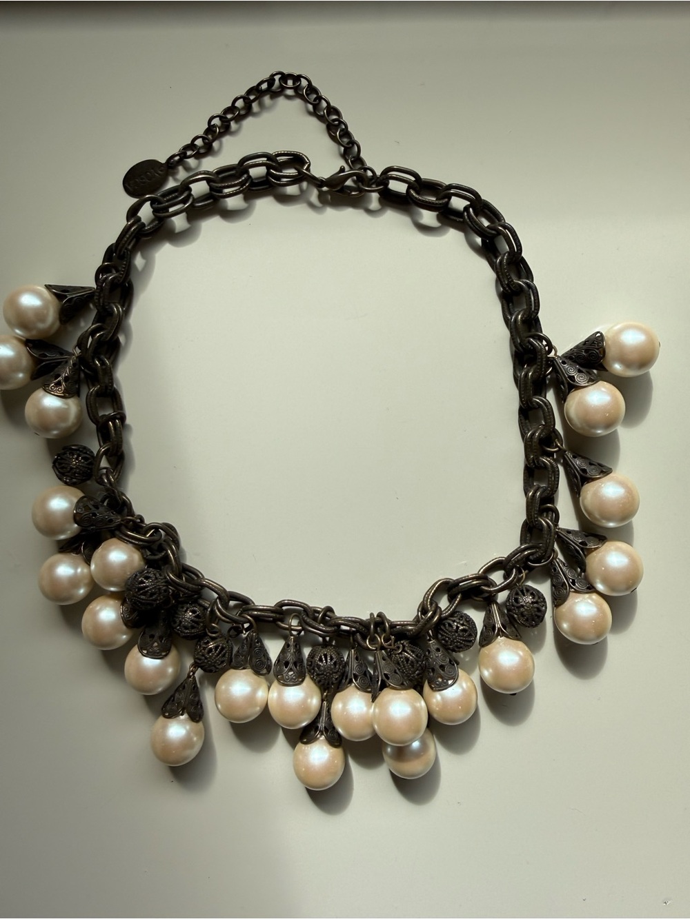Yosca Vintage-Inspired Pearl Cluster Necklace - White Pearls on Dark Metal